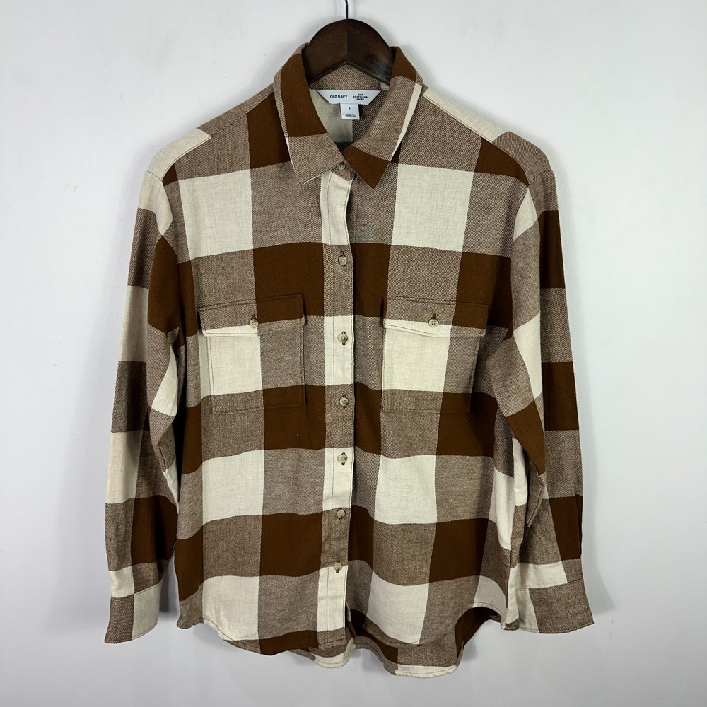 Old Navy Boyfriend Shirt Womens Small Brown Plaid Flannel Button Down Cotton Top